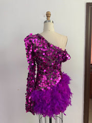 Purple Sequined Feather Skirt One-shoulder Sleeve Luxury Party Stage Performance Dress