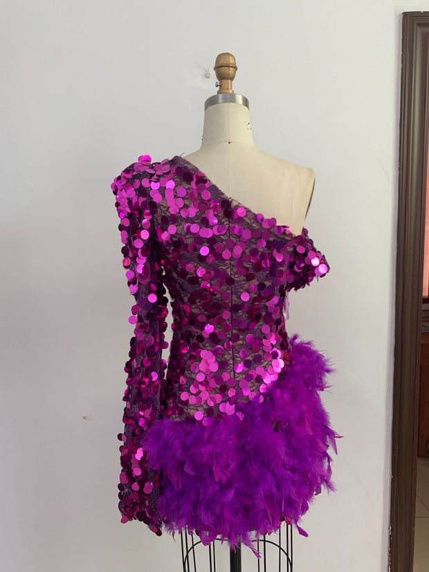 Purple Sequined Feather Skirt One-shoulder Sleeve Luxury Party Stage Performance Dress