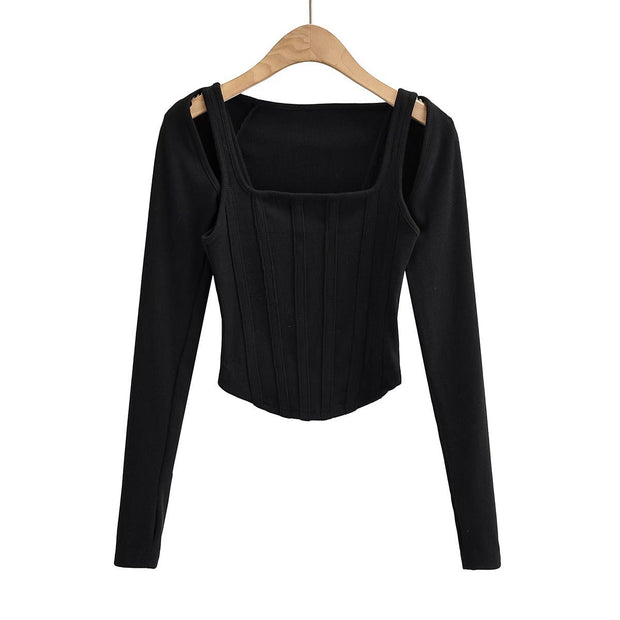 Short Fishbone Vest Waistcoat T-shirt Long Sleeve Two-piece Set