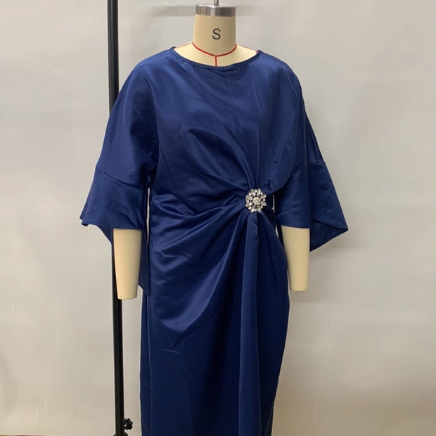 Women's Elegant Solid Color Round Neck Half Sleeve Dress With Waist Ruffles - Cocktail Party & Evening Gown 111