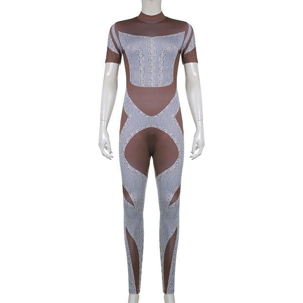 Women's New Printed Contrast Casual Sports Jumpsuit