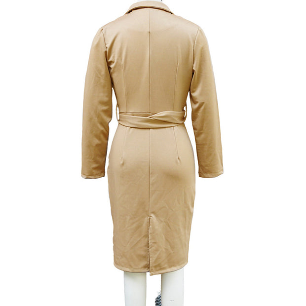 Women's Solid Color Blazer V-Neck Dress With Belt - Slim Fit Formal Midi Dress For Spring&Fall