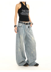 Summer American Retro Washed Distressed Loose Straight Leg Wide Leg Pants