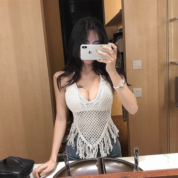 Summer New Sneaky Design Sexy Backless Seaside Holiday Halter Knitted Short
