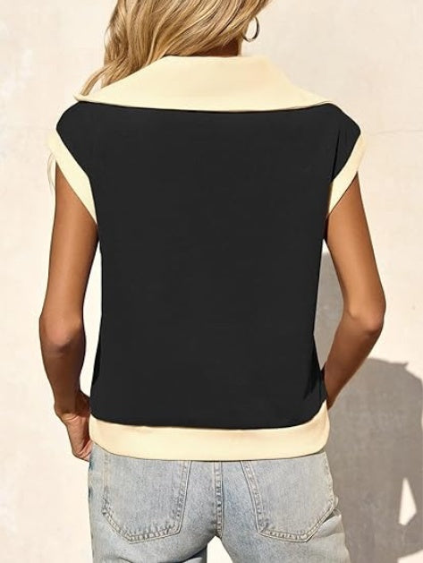 Women’s Color Block Half-Zip Short Sleeve Pullover – V-Neck Summer Top