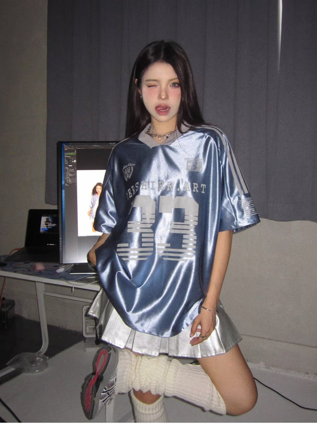 Trending Retro V-neck Splicing Letter Print Short-sleeve