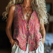 Spring New Trendy Button Vest Vintage Floral V-neck Shirt