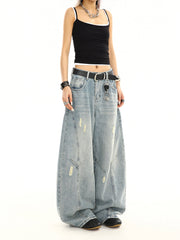 Summer American Retro Washed Distressed Loose Straight Leg Wide Leg Pants