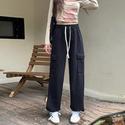 High Waist Straight Large Pocket Loose Drawstring Ankle-tied Sports Pants