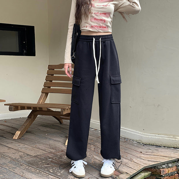 High Waist Straight Large Pocket Loose Drawstring Ankle-tied Sports Pants