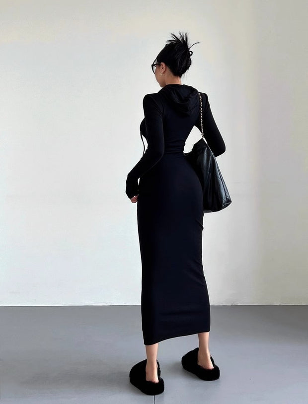 Women’s Hooded Sheath Dress – Long Sleeve, Over-the-Knee Length