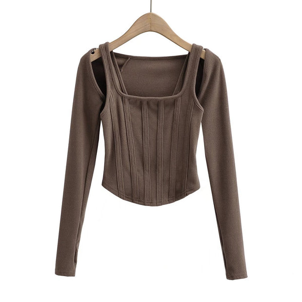 Short Fishbone Vest Waistcoat T-shirt Long Sleeve Two-piece Set