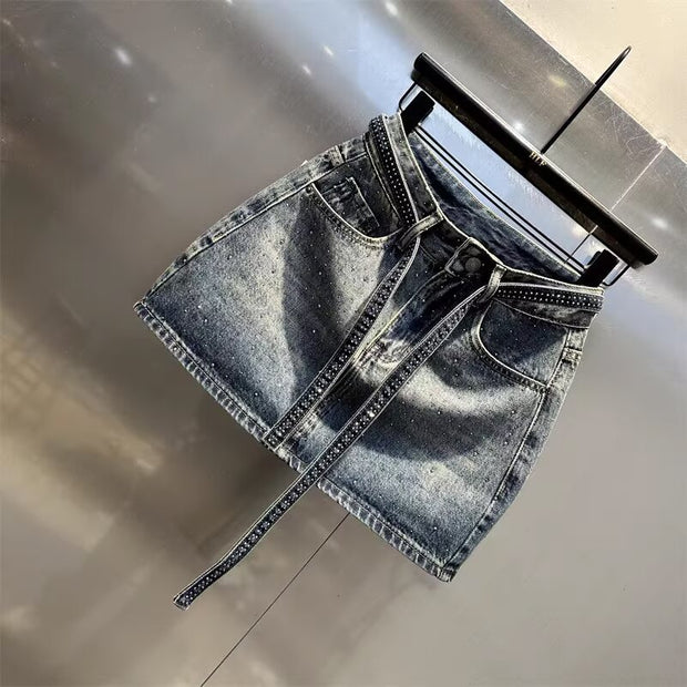 Summer New Rhinestone Five-point Denim Wide Leg A- Line Skirt