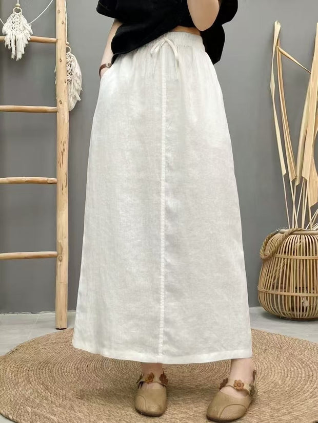 Lace-up Linen Back Slit High Waist Skirt