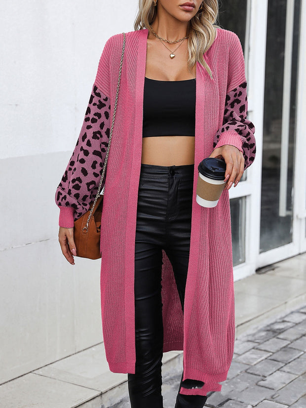 Women's Casual Long Solid Color Pattern Leopard Design Coat Cardigan For Women