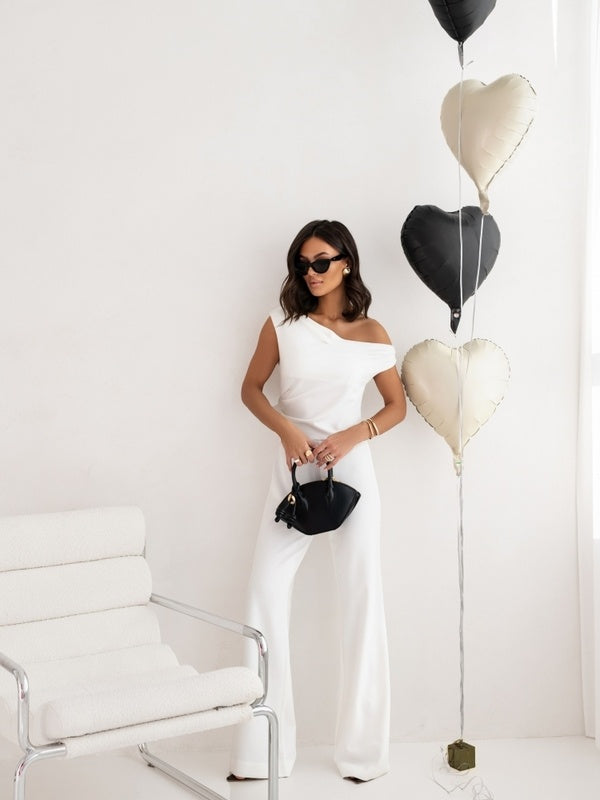 Women’s Elegant Straight-Leg Jumpsuit – Falling Straps, Side Zipper