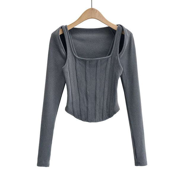 Short Fishbone Vest Waistcoat T-shirt Long Sleeve Two-piece Set