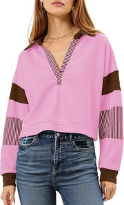 Women’s Color Block Long Sleeve Crop Top – V-Neck Polo Pullover Sweatshirt
