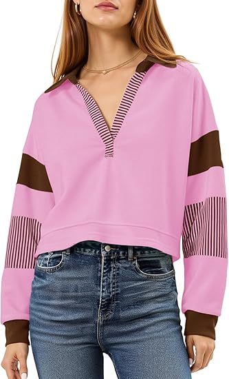 Women’s Color Block Long Sleeve Crop Top – V-Neck Polo Pullover Sweatshirt