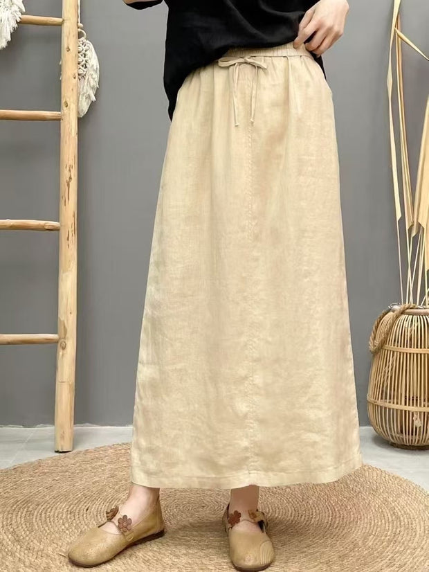 Lace-up Linen Back Slit High Waist Skirt