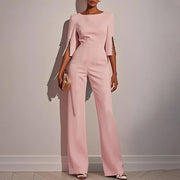 Women’s Round Neck Jumpsuit – Mid-Sleeve with Pearl Accents & Back Zipper