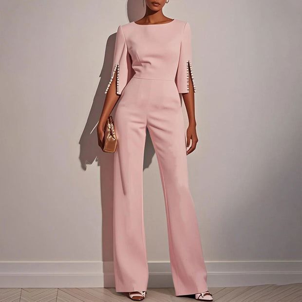 Women’s Round Neck Jumpsuit – Mid-Sleeve with Pearl Accents & Back Zipper