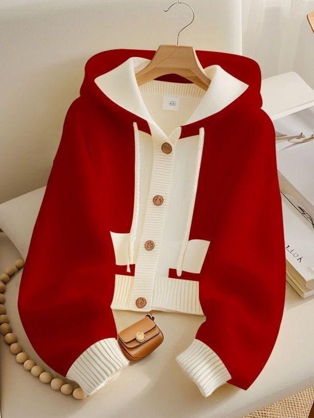 Red Hooded Single-breasted Knitted Cardigan Jacket 111