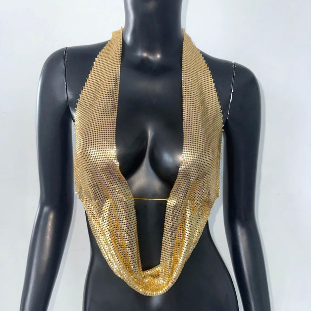 Sequined Top Metal Vest Halterneck With Suspender
