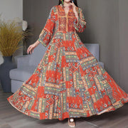 Women’s Middle Eastern Boho Maxi Dress – Geometric Print, V-Neck & Embroidery
