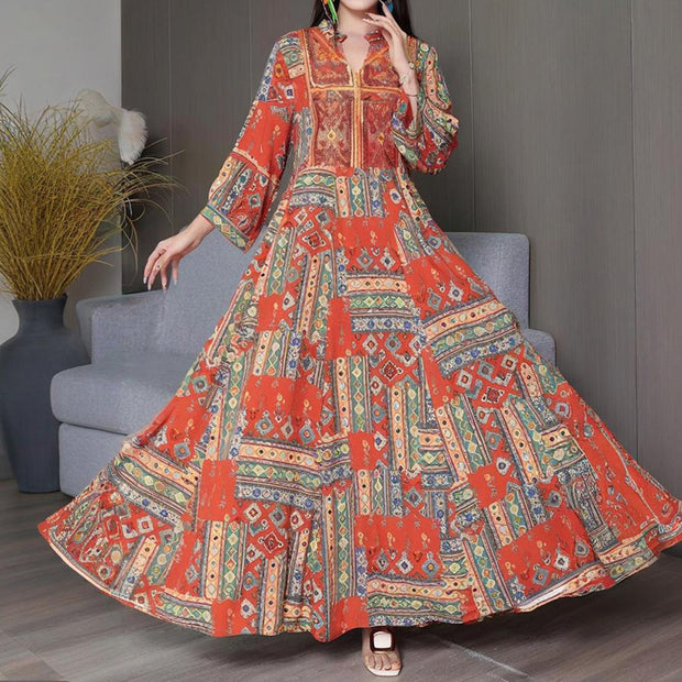 Women’s Middle Eastern Boho Maxi Dress – Geometric Print, V-Neck & Embroidery