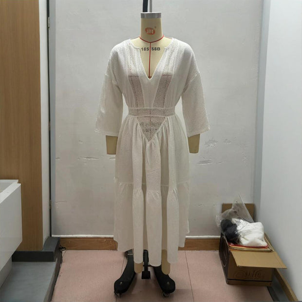 Women's Solid Color Deep V-Neck Long Sleeve Translucent Stitching Design Maxi Beach Bohemian Style Dress 111