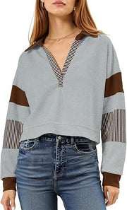 Women’s Color Block Long Sleeve Crop Top – V-Neck Polo Pullover Sweatshirt
