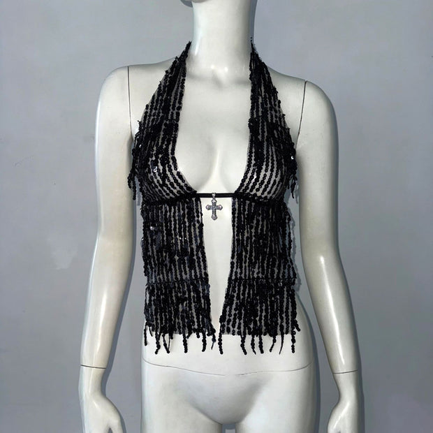 Halterneck With Suspenders Top Sequined Lace-up Tight Vest