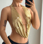 Sequined Top Metal Vest Halterneck With Suspender