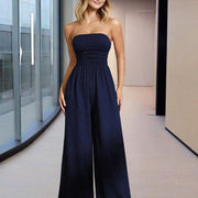 Women’s Strapless Wide-Leg Jumpsuit – Pleated Summer Outfit