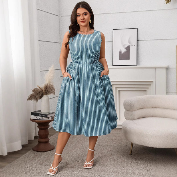 Contrast Color Striped Sleeveless Pocket Fashion Dress 1111
