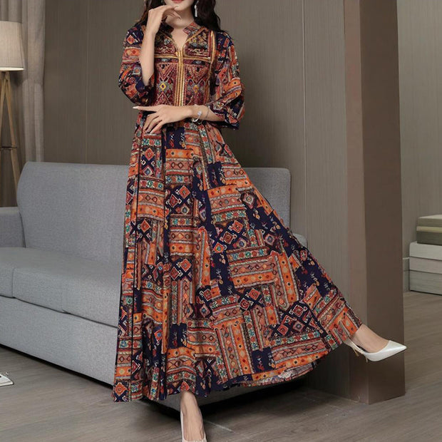 Women’s Middle Eastern Boho Maxi Dress – Geometric Print, V-Neck & Embroidery