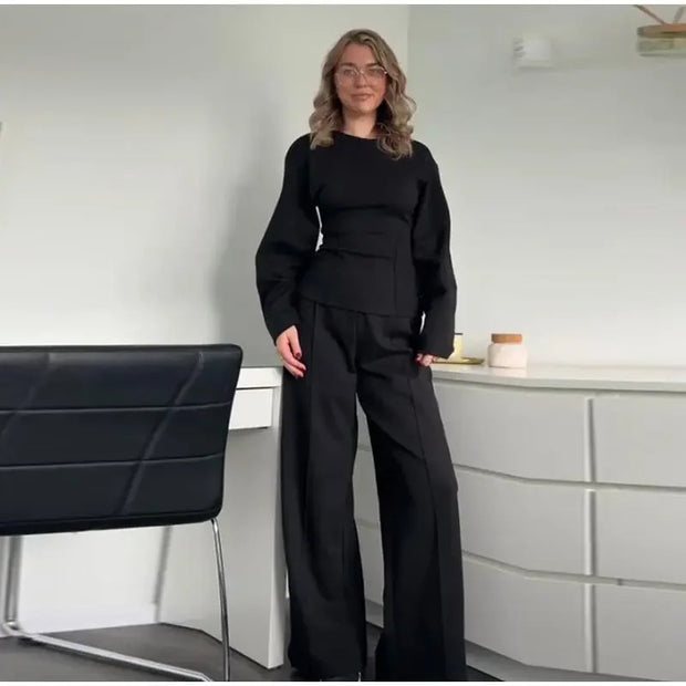 Fashion Long Sleeve O-neck Pleated Top Wide Leg Pants Women's Suit