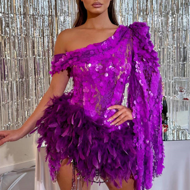 Purple Sequined Feather Skirt One-shoulder Sleeve Luxury Party Stage Performance Dress