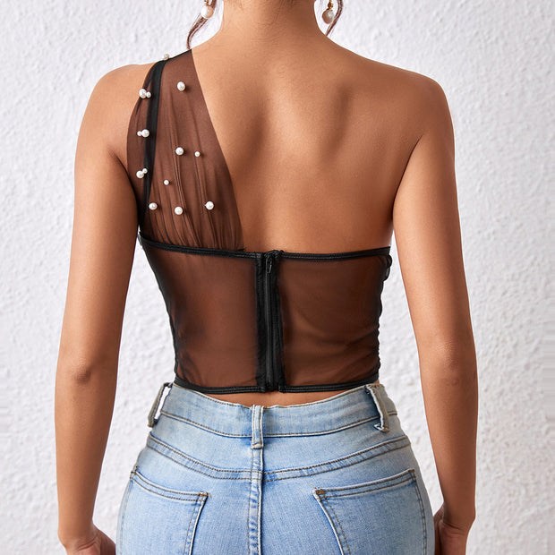 See-through Mesh Chest-wrapped Underwire Fishbone Vest