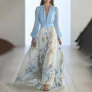 Women’s Boho Floral Maxi Dress – Deep V-Neck, Long Sleeves & Ruffle Hem
