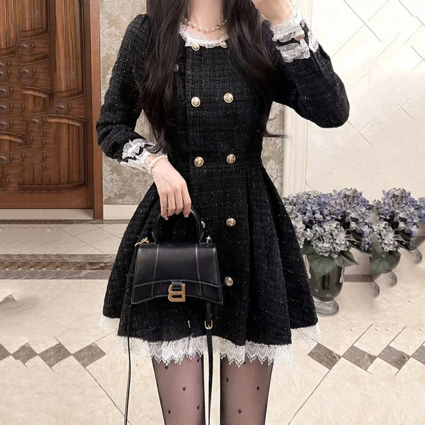 Black Style Ruffled Breasted Long Sleeve Waist Dress