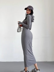 Women’s Hooded Sheath Dress – Long Sleeve, Over-the-Knee Length