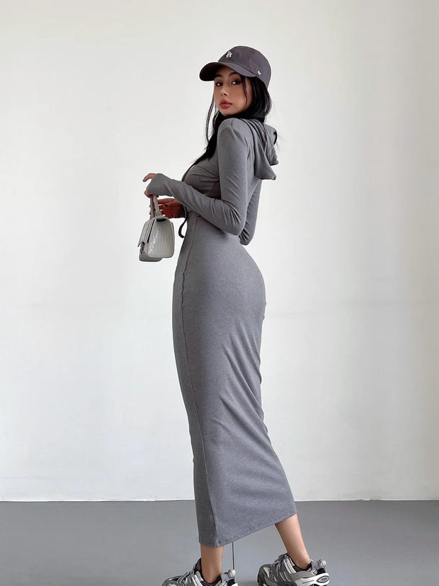 Women’s Hooded Sheath Dress – Long Sleeve, Over-the-Knee Length