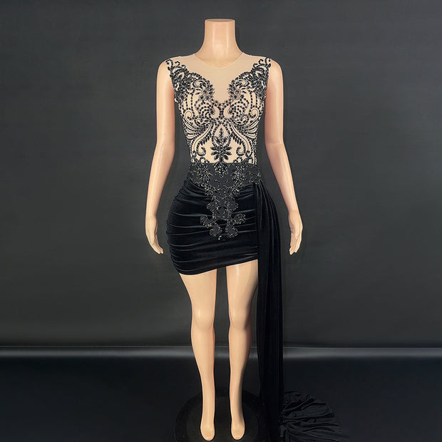 Summer Luxury Evening Dress Female Singer Stage Costume Side Trailing Skirt
