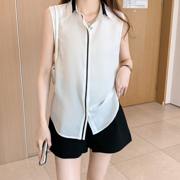 Women’s Contrast Color Chiffon Waistcoat – Sleeveless Casual Outerwear Top