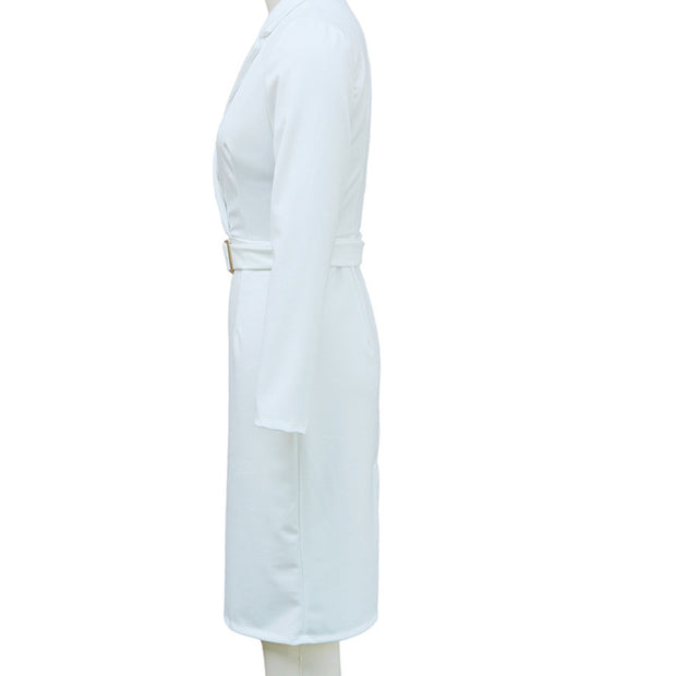 Women's Solid Color Blazer V-Neck Dress With Belt - Slim Fit Formal Midi Dress For Spring&Fall