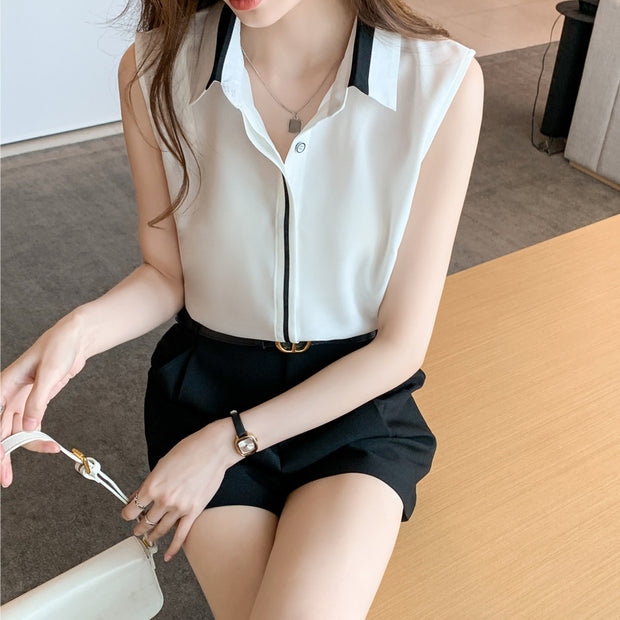 Women’s Contrast Color Chiffon Waistcoat – Sleeveless Casual Outerwear Top