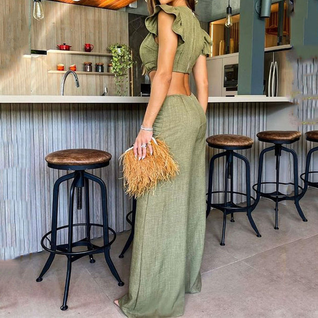 Women’s Ruffled High-Waist Jumpsuit – Round Neck, Loose Fit