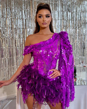 Purple Sequined Feather Skirt One-shoulder Sleeve Luxury Party Stage Performance Dress